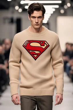 a men winter fashion runway Superman with industrial clothes inspired by Superman Emblem style, embroidery sweaters fashion beige tones