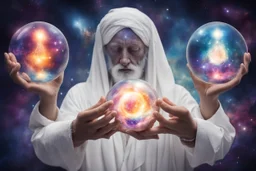 kundalini, connected to the universe, few colours of galaxy, holding galaxies in few hands in glass balls