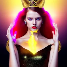 Attractive young teenage girl with golden fire red hair wearing a gold tiara, who is dressed like a witch casting a spell with hands, she has cat ears and open dazzling blue eyes, background is realistic space with a moon, the girl is on a planet, black black girl dress, full body portrait, arm colors gradient effect into stars, rendered, unity 3d, unreal engine, dslr, hdr, 4k, edited, photorealistic, normal number of appendages, freckles, artists render