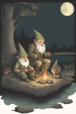 a gnome and a goblin eating in front of a fish fire and a figure with fox mask behind in the environment, riverbank, night, moonlight,