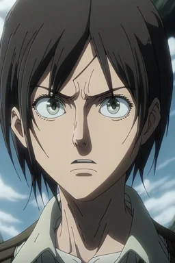 Attack on Titan screencap of a female with Wolf cut hair and black eyes