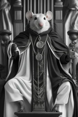 Rata antropomorfico vestida con toga negra y blanca de juez de justicia, calidad ultra, maximalista