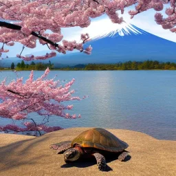 Turtle and Mount Fuji and cherry blossoms