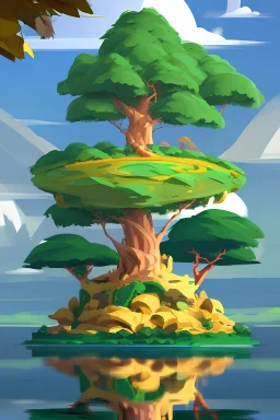 big floating island with a giant gold leaves tree on it