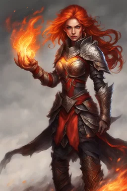 Capture the fiery essence of a female Paladin Druid, her eyes glowing bright red as she conjures flames with her hands. Hair, black and ablaze, appears to emit fire effortlessly. Clad in lightweight magical armor, she relies on her mastery of fire and magic, with a scar on her face telling tales of battles faced and conquered against the canvas of her tanned skin, embodying strength and elemental mastery.