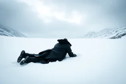 in the distance side a wiev a figure in dark clothes and long black leather coat lies on his back in the snow and looks the sky in a winter landscape, alone, white snow, high contrast, cold, winter, mountains, white, blue, gray and black colors, cinematic, atmospheric, dark, gloomy, thriller vibe, crepy stunning