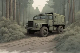 Military truck on a road, forest, overgrown apocalyptic, comic book,