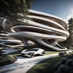 Complex of ten oval cabins, Zaha Hadid style, ultra quality, hyper-detailed, digital art, 8k 3D, trees, parking lots, people