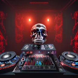 DJ of the damnded, insanely detailed DJ booth in hell, MID set, speakers and equipment made of bone, anatomically correct, add more skulls in th audience, photorealism, vray, 8k 3d