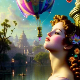 Hyperdetailed oil on canvas, young robyn lively by an ornate fountain, goldfish pond, lotus, detailed face, long muti-hued red curly hair; by gaspar camps, maxfield parrish, alphonse mucha, cyril rolando, dan mumford; luminous colorful sparkles, glitter, airbrush, octane render, volumetric lighting, 16k