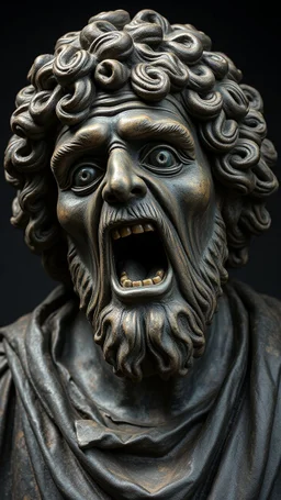 Ceramic style statue all colours are dark of an old church man from the 1200 BC , the head of dead man with thick curly hair and his eyes are open wide and open mouth with rage ,
