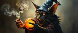 master oil painting by Rembrandt, good afternoon gremlin master elf witch cat bat paw woman hot smoking ball