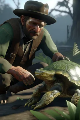 Arthur Morgan playing with a turtle.