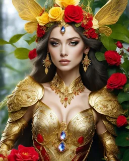 📷💃 length image full body gorgeous pretty super model girl as elven queen,floras crown,high details photo of luxury golden armor color designed made of flora flowers🌹 colors orchids and red,yellow,details color roses 🌹she using accessories luxurious diamonds jewelrys, flowers,surrounded 🌿🌿🌿leaves,so many surrounding butterflies, pretty face beauty colors make up cosmetic,bigbusty,perfect body,jungles background