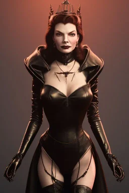 Lauren Bacall as evil queen in black leather, leather, busty, cleavage, angry, stern look. character design by cory loftis, fenghua zhong, ryohei hase, ismail inceoglu and ruan jia. unreal engine 5, artistic lighting, highly detailed, photorealistic, fantasy