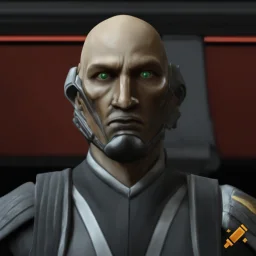 star wars bald male corellian jedi pilot wearing gunmetal grey and black old republic armored robes with gold trim inside the jedi temple holding a lightsaber with viridian green blade in left hand, centered head and shoulders portrait, hyperdetailed, dynamic lighting, hyperdetailed background, 8k resolution, volumetric lighting, light skin, fully symmetric details