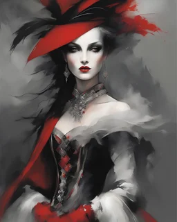 Anne Bachelier art style. Harlequin face fading into a gray background. In black, red and white. Volumetric. Exquisite detail., fashion, painting, illustration