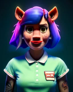 Waist up portrait, hybrid character, waitress British woman with classic muppet mask that covers her entire head and face, Sesame Street style, latex dress, short shirt, old school tattoo, hot, smooth, unreal engine 5, god lights, ray tracing, neon, RTX, lumen lighting, ultra detail, volumetric lighting, 3d.