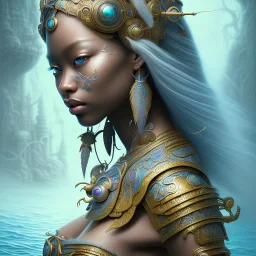 Sango fantasy, fantasy magic, intricate, sharp focus, illustration, highly detailed, digital painting, concept art, matte, art germ and Paul Lewin and Kehinde Wiley, masterpiece Aztec princess dancer head bronze feather's' Asian African girl nice breast Thai hair turquoise silver blue under water