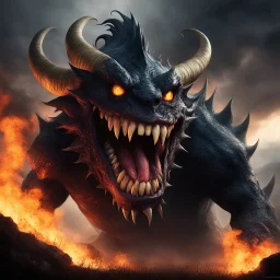 a low angle view capturing the monstrous Laughing monster in all its fearsome glory. Smoke billows menacingly from its nostrils, swirling around its grotesque visage, while flames rage fiercely from its gaping maw, casting an eerie glow against the darkening sky. The Laughing monster's wicked laughter echoes through the valley, sending shivers down the spines of all who behold its menacing form.