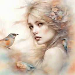 3d hd Bird Portrait of Digital watercolor Illustration of a summerscape sunset, by Waterhouse, Carne Griffiths, Minjae Lee, Ana Paula Hoppe, Stylized watercolor art, Intricate, Complex contrast, HDR, Sharp, soft Cinematic Volumetric lighting, flowery pastel colours, wide long shot, perfect masterpiece"