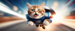 rocket ship cat captain in high speed pursuit, with background motion blur