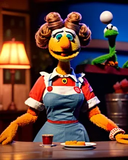 waitress woman with Sesame Street muppet mask-head, concept art, retro style, smooth, unreal engine 5, god lights, ray tracing, RTX, lumen lighting, ultra detail, volumetric lighting, 3d.