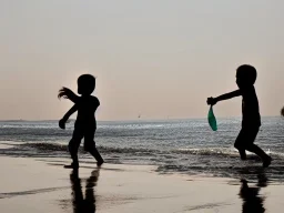 children playing on the Indian beach capture them against the sun and make an art silhouette, hyper details, real sharp, 8k, well detailed, well shaped