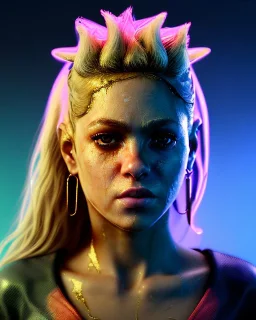 portrait, Shakira, blonde artist, angry, Realistic image, MMA robe, hoodie, mouthguard, nose, band aid, loose long hair, eyes make up, line gold make up, glow, circle iris. Rain, fog, Neon colors, leds. Dark background, photo studio, neon lights. concept art, smooth, unreal engine 5, god lights, ray tracing, RTX, lumen lighting, ultra detail, volumetric lighting, 3d, finely drawn, high definition, 4k.