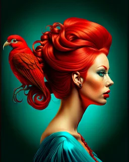 Create an image of a woman in profile view with vibrant red hair styled in an elaborate updo. On top of the hair, place a bright red cardinal bird perched gracefully. The background should be a textured teal color that provides a contrast to the warm tones of the hair and bird, enhancing the overall artistic appeal of the composition.