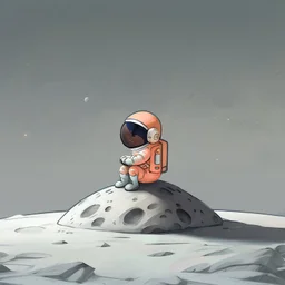 A whimsical digital illustration of a cartoonish astronaut, delicately rendered in soft pastel hues, sitting on a tiny, cratered moon, lost in thought as they stare out into the vast, starry expanse of empty space, their bright orange spacesuit a pop of color against the muted, celestial backdrop, with subtle texture and gentle shading adding depth to the minimalist composition, evoking a sense of wonder and contemplation, as if pondering the mysteries of the cosmos, amidst the eerie silence of