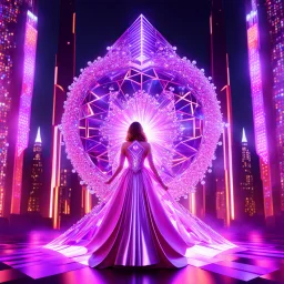 very complex CIFY structure ,pretty viberating color environment 3d metalic and crystal recursive evolving and animating beveled geometric base very complex CIFY structure emiting bubbles that broke, goddess of love in a pretty cleric dress comes out dancing gracefully , viberating color moving very in modern city escape environment while camera tracking it.write in down screen 3d animating"Made in Grok By:J.Babakan"