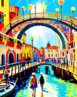 Pintura arte Pop de Venecia canal puente peatonal gente cielo soleado obra de arte 4k