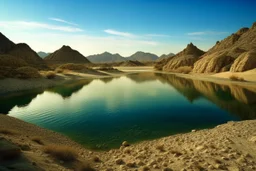 lagoon, rocks, distant mountains, arid land, desert, pond, rocks, distant city, epic