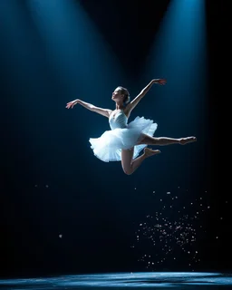 Ballet dancer mid-leap in luxury teather , small flower particles floating in spotlight, dramatic chiaroscuro lighting
