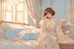 A beautiful woman with short brown hair in pastel blue lace robe is lying on a bed in a cute luxurious bedroom gold tapestry in the candlelight