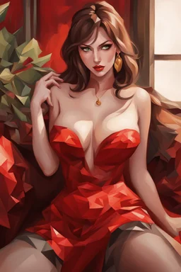 A stunning, seductive woman in a fiery red dress, casting a shy glance over her shoulder. cartoon style, cubism style