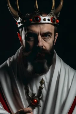 мужчина в белой робе в полный рост с бородой и короной с рогами на робе нарисованная буква А на лице маска красно-белая глаза черные