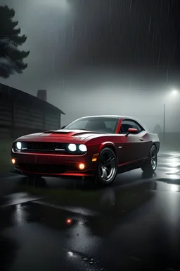 red dodge challenger in rain cloudy and dark with rain on screen