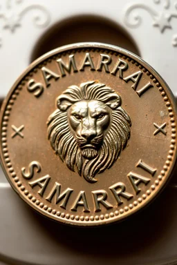 view of the word , Samarrrai , on a coin ,with picture of , a lion head in the middle of the coin