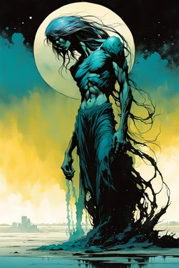 create an imaginative full body print illustration of an ethereal, otherworldly gaunt and withered ancient female Striga monster, in the comic book art style of Bill Sienkiewicz, Mike Mignola, and Jean Giraud Moebius, with highly and finely inked