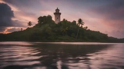 Photoreal magnificent shot from below the water surface of the sea of a gargantuan medieval light house on an exotic caribbean jungle coast at sunset by lee jeffries, in the style of fantasy movies, photorealistic, shot on Hasselblad h6d-400c, zeiss prime lens, bokeh like f/0.8, tilt-shift lens 8k, high detail, smooth render, unreal engine 5, cinema 4d, HDR, dust effect, vivid colors
