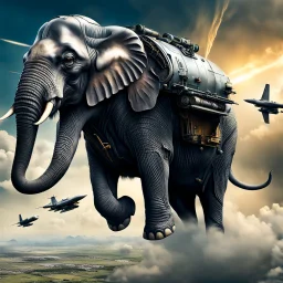 Lucky Stryker, Jet-fighter elephant combination, biomechanical surrealism, organic surrealism, dystopian, photorealisitic, in flight