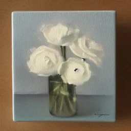 tiny oil painting of single long stem pressed flower, white canvas, moody, vintage, delicate arrangement, beautiful composition, etsy, aesthetic layout, plain solid white background