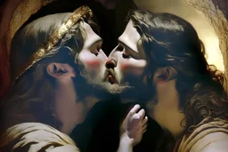 egy másik szakállas férfival jézus smárol and gloriás Jesus Christ flirtatiously kissing picture, rich in detail. They were loosely dressed. They are very much in love with Jesus On the edge of the abyss, where the eternal abyss is and everything is embraced around them by beings of light. There are also ape-men and big black shadows with hoods and stoles. 4K Blurred image of Jesus with a monkey head