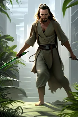 Step into the captivating photograph, where the legendary Qui-Gon Jinn, a wise Jedi Master, commands attention! With astonishing hyper-realism, Qui-Gon, in the prime of his 20s, wears an intriguing scifi-inspired outfit. The backdrop features a lush and vibrant jungle, adding a sense of mystery and adventure to the scene.