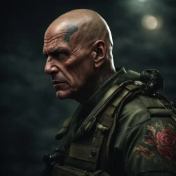 portrait of a 50 year old evil soldier. sneering expression, bald with tattoos, photorealistic, 4k