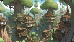 Immense tree city, houses in branches, residents swinging on vines, reminiscent of nature-centric anime.