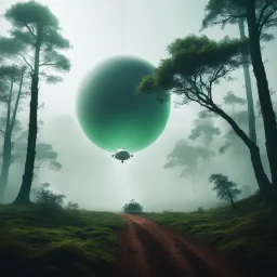 Spacecraft landing on green foggy planet with large trees