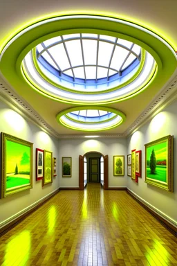 3D-shot A hall for displaying art paintings in the shape of an oval, and there will be an oval wall in the hall, and the paintings will be hung on the walls